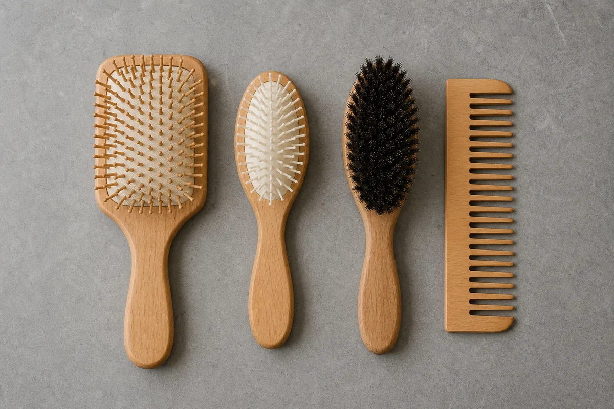 Brosse pneumatique à plateau large posée à plat près d&rsquo;une longue mèche de cheveux châtains