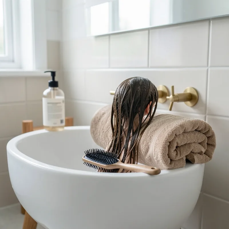 Cheveux longs essorés dans une serviette, brosse démêlante posée sur le rebord d&rsquo;un lavabo en céramique