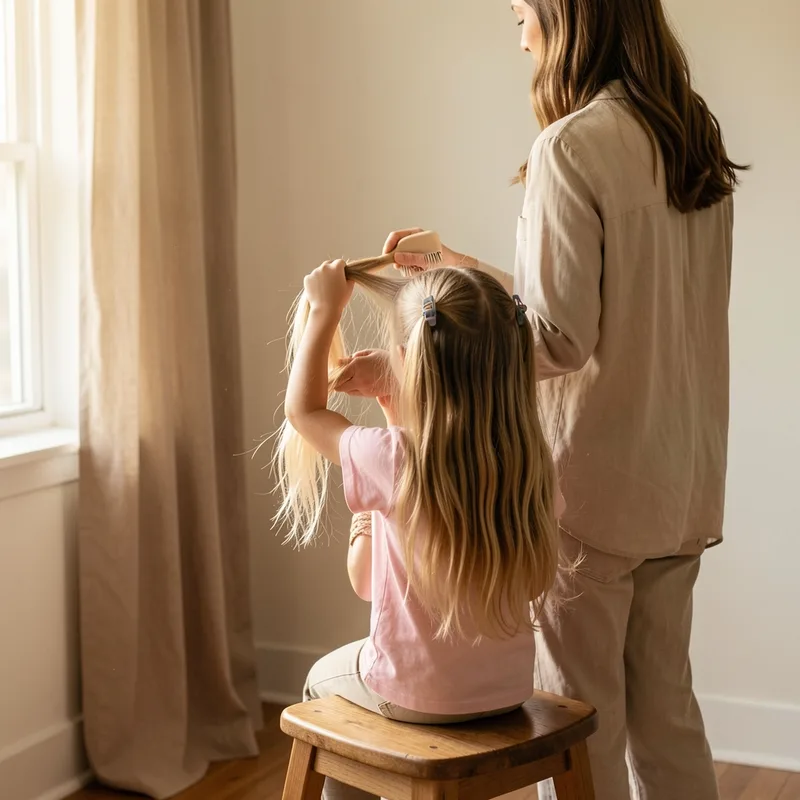 Adulte démêlant par sections les cheveux longs d&rsquo;un enfant assis, lumière naturelle de fin de journée