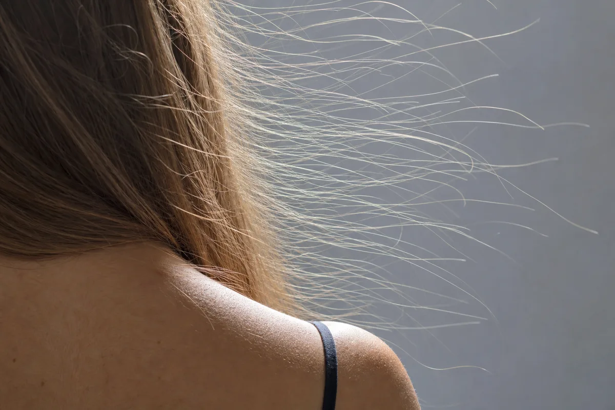 Mèche de cheveux longs qui se hérisse en éventail par répulsion électrostatique