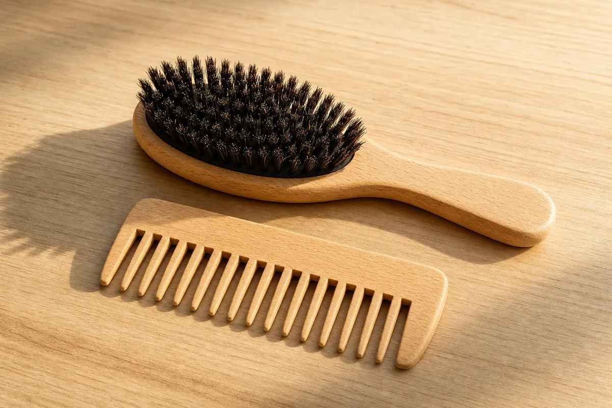 Brosse en bois à soies de sanglier posée sur un plan de bois clair, lumière rasante