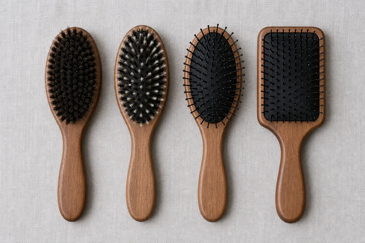Rangée de brosses à garnissages différents, soies naturelles et picots synthétiques, sur fond neutre